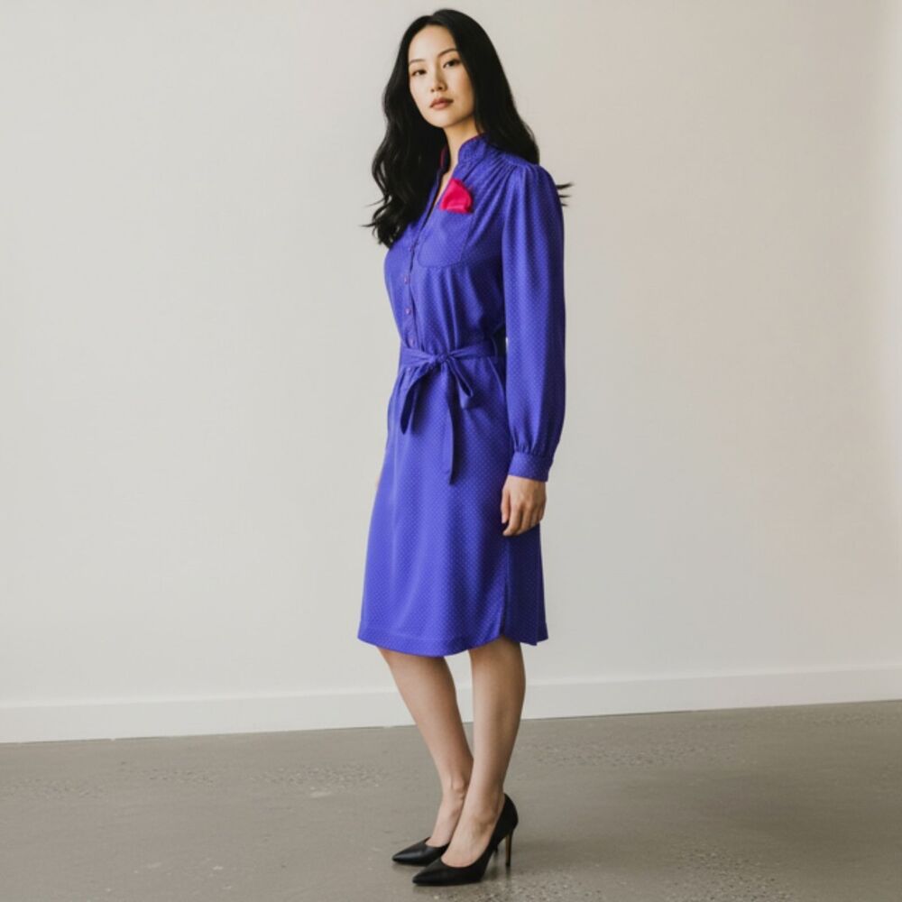 Vintage 1980s Schrader Sport Blue Pink Polkadot Dress with Belt and Pocket - SP